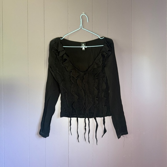 Vintage 2000s Versace Black Ruffle Pleated Top – Seaweed Detail Long Sleeve (S) - Picture 3 of 10